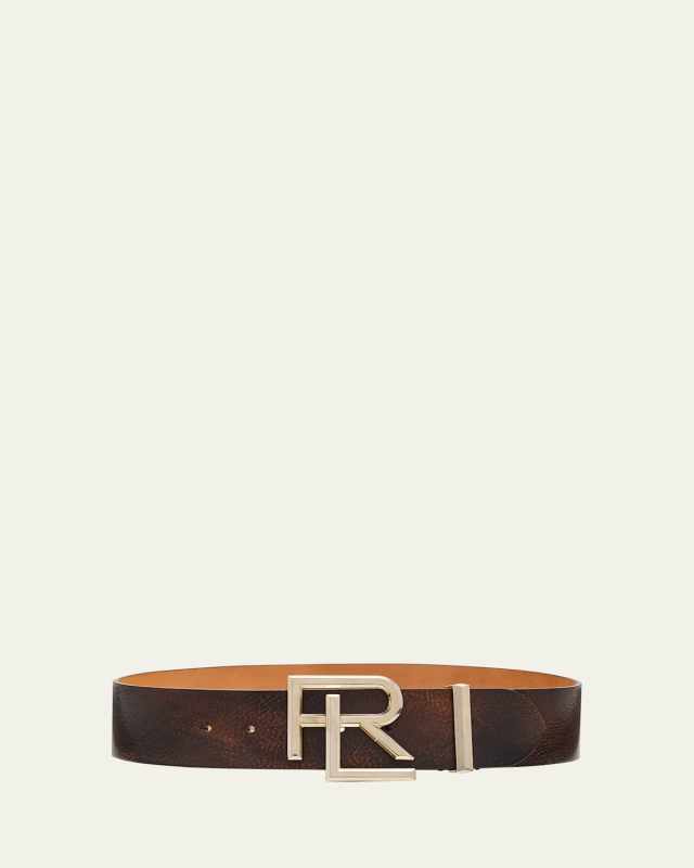 Distressed Wide Leather Belt with Box Logo Buckle
